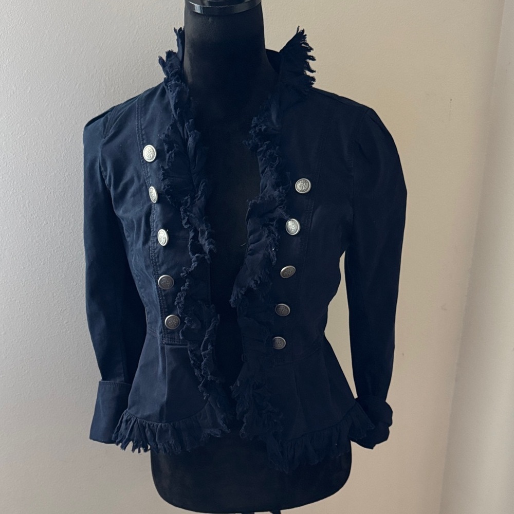 LOFT Women's Navy Military Style Jacket silver buttons blazer fringe edges Sz 0
